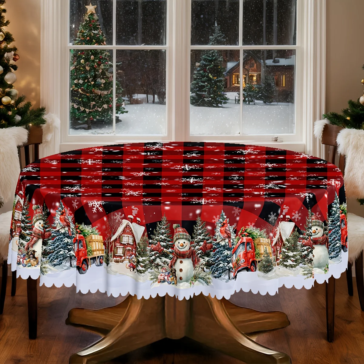 1 piece, Christmas themed party tablecloth, buffalo checked snowman Christmas tree design pattern printing
