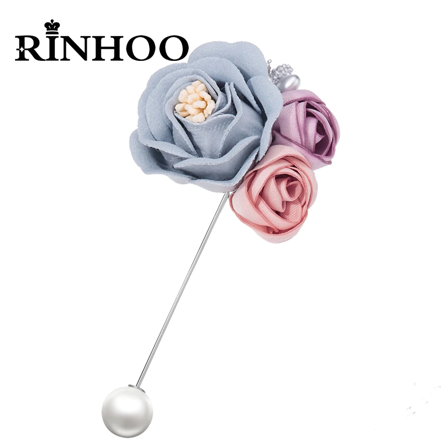 Rinhoo Ladies Cloth Art Fabric Camellia Flower Brooch For Women Pearl Rose Floral Long Needle Cardigan Lapel Pin Wedding Jewelry