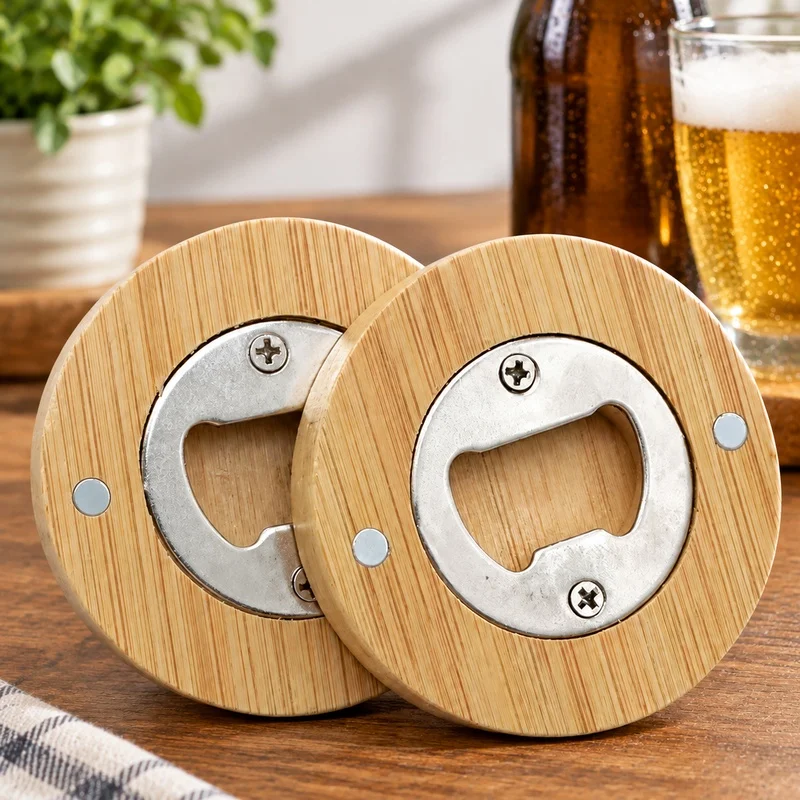Pack of Bamboo Bottle Opener Magnets, Round Shape for Fridge Decoration and Party Use, Available in Multiple Quantities