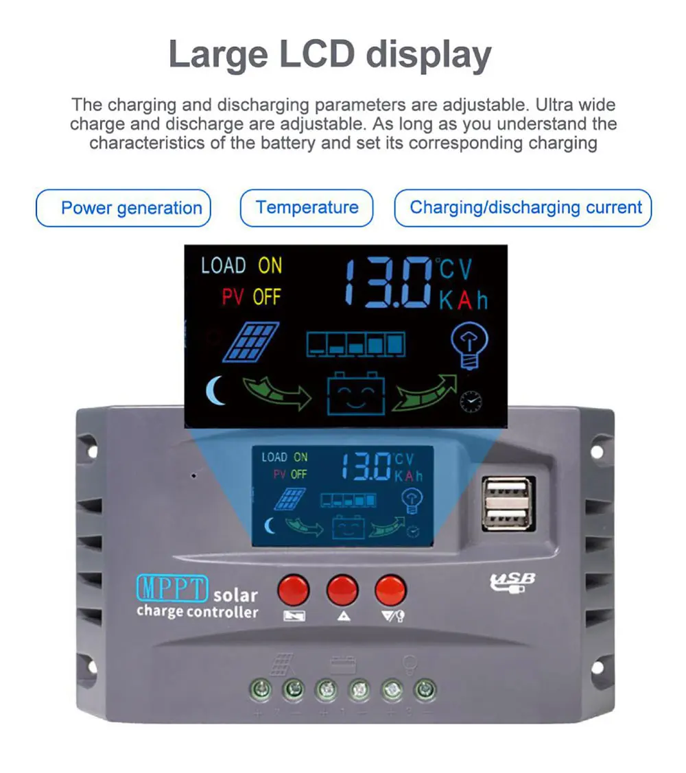 Controlador de carga Solar MPPT 30A-100A 5V/2A salida USB 12V/24V pantalla adaptativa seguimiento automático MPPT para Lifepo4 y plomo-ácido