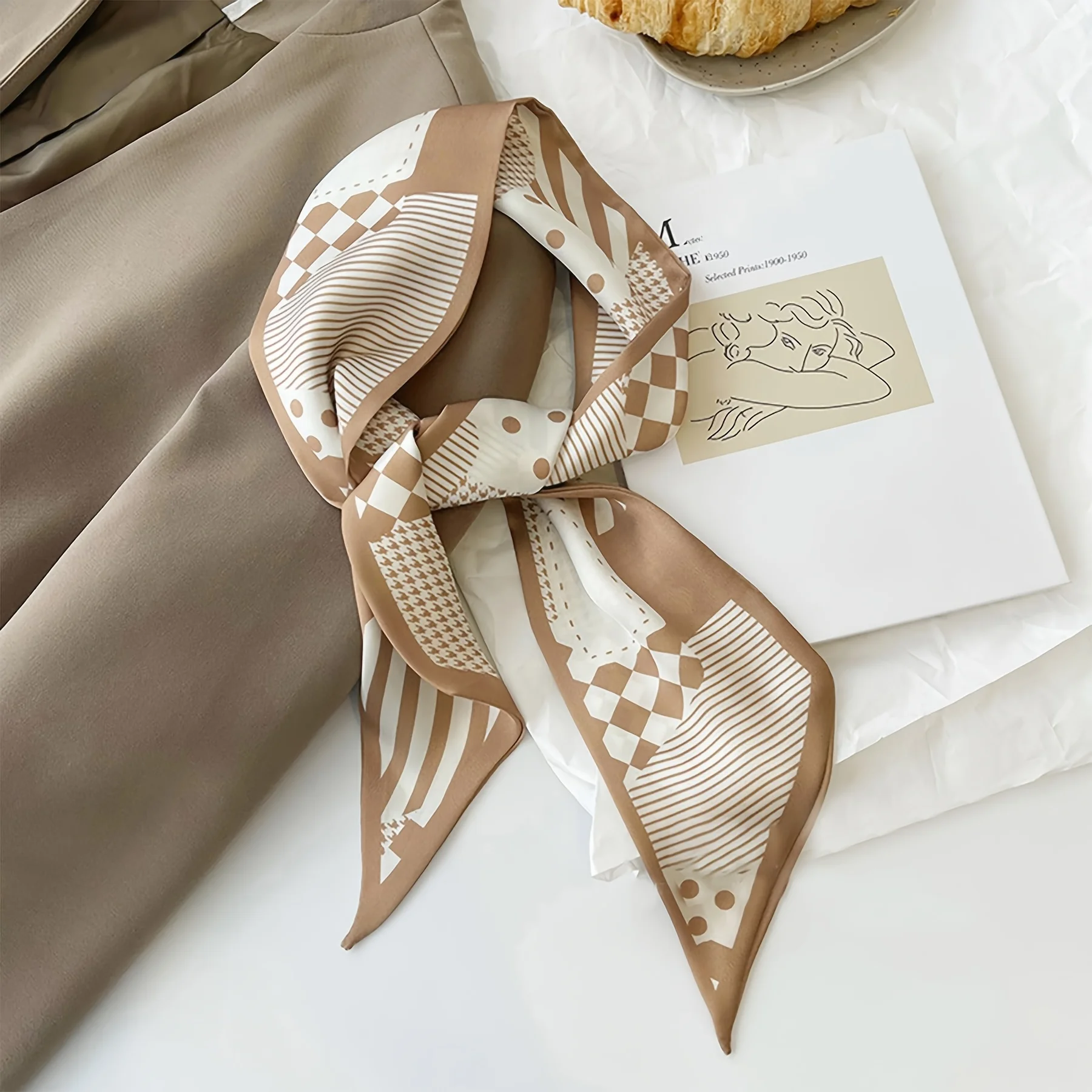 Simple Temperament Narrow Ribbon Scarf, INS Double‑Sided Khaki Decorative Neck Scarf for Ladies Spring Summer Wear