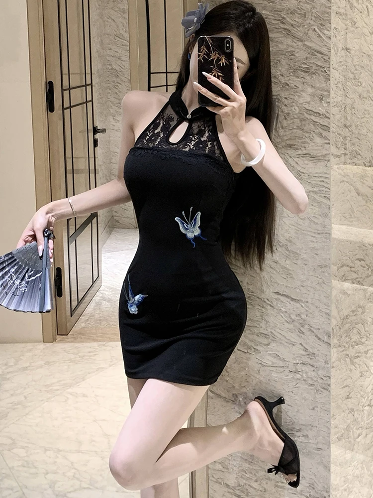 Feminino coreano vintage hepburn luxo vestido de noite verão preto impressão retalhos rendas pescoço-montado vestido 2025 elegante bodycon robe