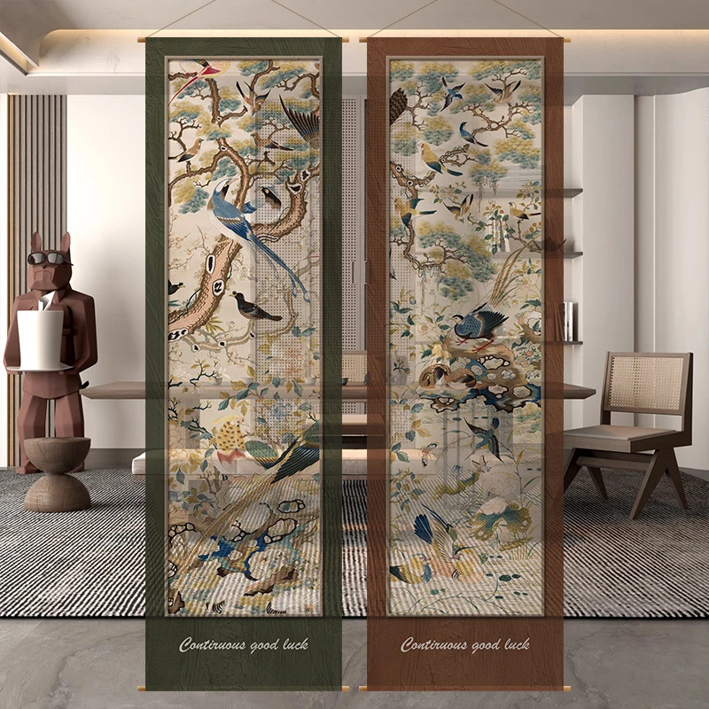 New Chinese Song Style Bird Flower Sheer Curtain Long Hanging Cloth Aesthetic Tea Room Partition Divider Home Decor