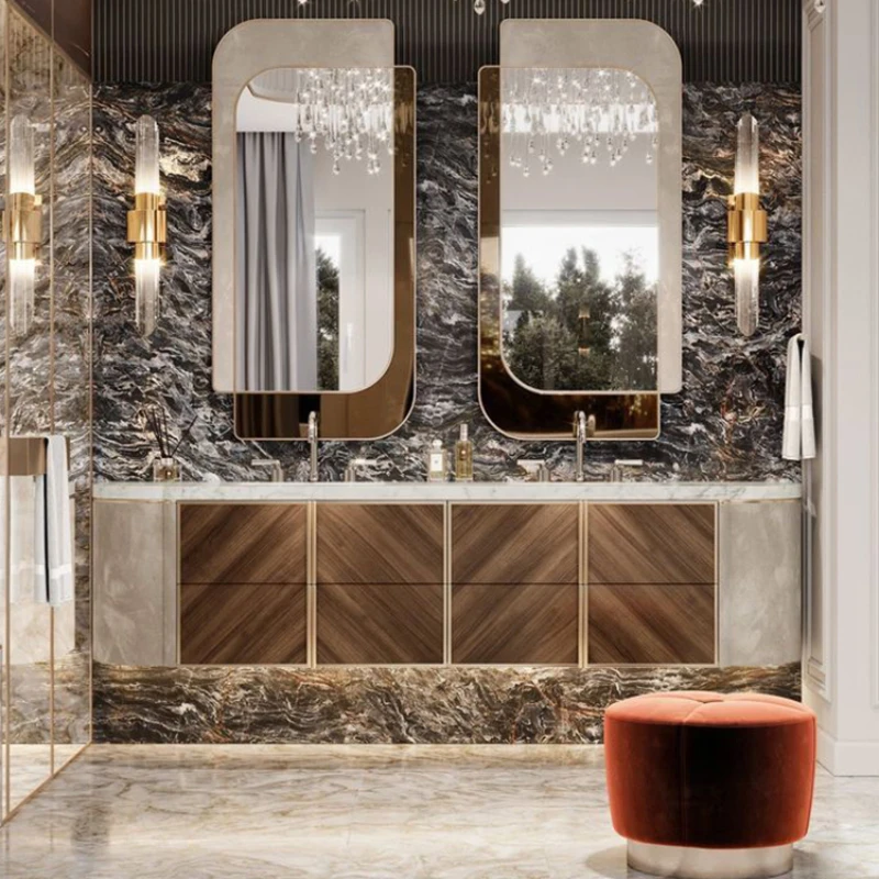 Villa hotel style light luxury stone slab, French Nordic bathroom cabinet, combined toilet, washbasin, washbasin