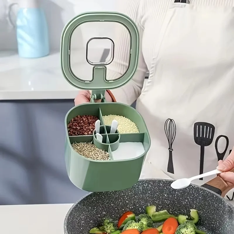 صندوق توابل المطبخ - منظم مقاوم للرطوبة من مادة البولي بروبيلين للطعام مع ملاعق حديثة وبسيطة (أصفر/أخضر)