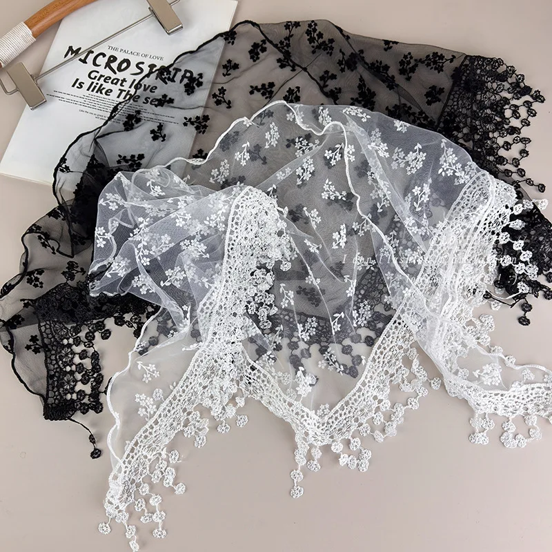 Triangle Scarf Lace Black White Floral Fringe Tassel Soft Lightweight Versatile Wrap Shawl Waist Belt for Skirts Women