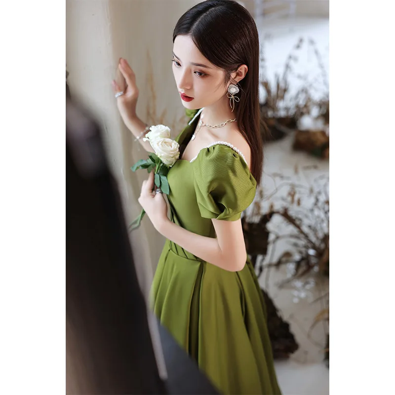 N10168 Lady Green Short Puff Sleeves Satin Evening Dresses Pearls Backless Wedding Party Dress Long Prom Robe Women