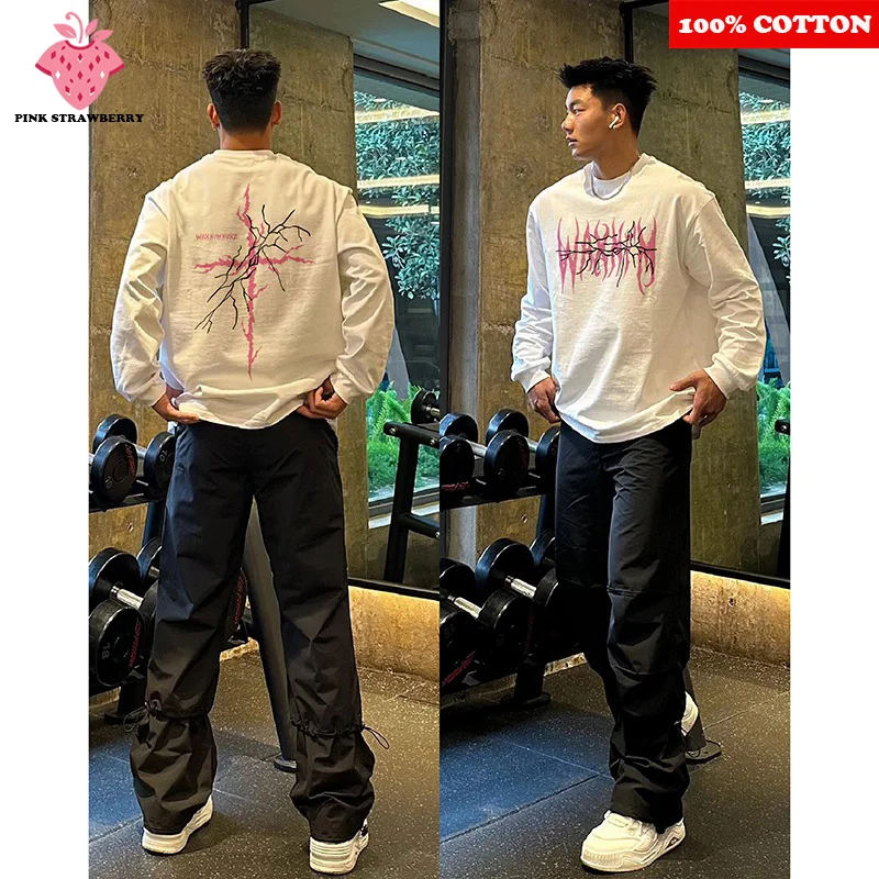 

American Street Lightning Print T-shirt Men Autumn 2025 New 100% Cotton O-Neck Long sleeves Sports Gym Tee Y2k Top Man clothing