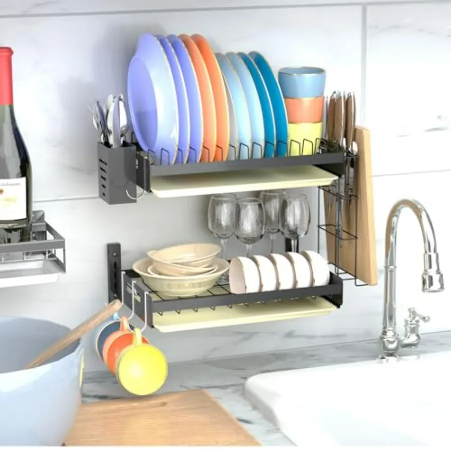 

Настенная сушилка для посуды с отсоединяемыми и съемными ярусами, 2 крючками, 4 поддонами для слива, 2 отсеками, для кемперов и автодомов