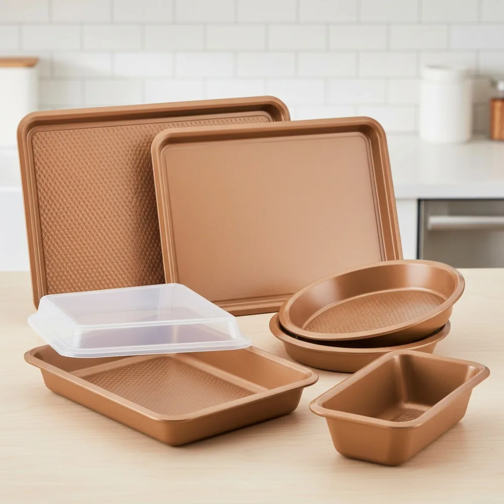 

Набор форм для выпечки с антипригарным покрытием, медные формы для выпечки из 7 предметов для печенья, буханка и тортов — легко чистится и безопасно в духовке