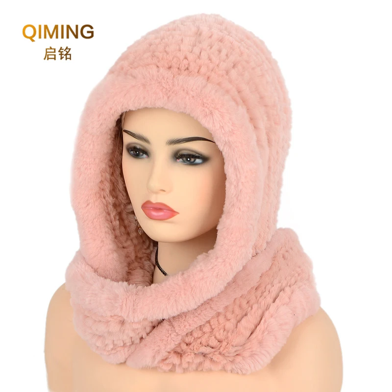 Hat Women New Knitted Real Rex Rabbit Fur Hat Hooded Scarf Winter hats for Woman Cap Warm Natural Fur Hat With Neck Scarves