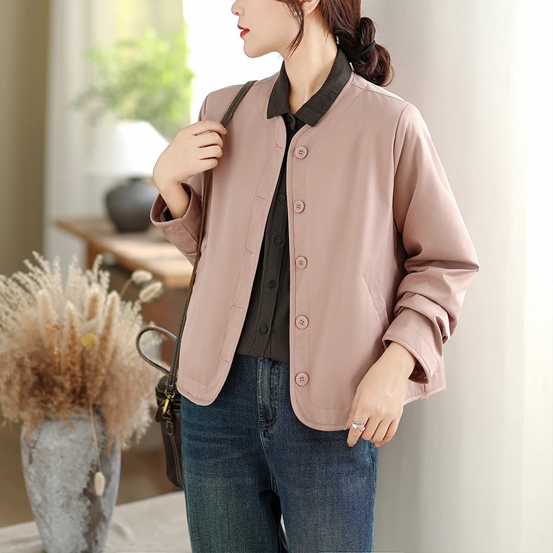 Hohe Qualität Frühling Herbst Damen Jaet Einfacher vielseitiger Stehkragen ort Sle Faionable Top Polyester Baumwollmischung