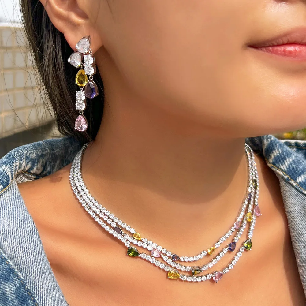 Shiny Colorful Cubic Zirconia 3 Rows Multi Layer Bridal Wedding Choker Necklace Earrings Jewelry Set for Women