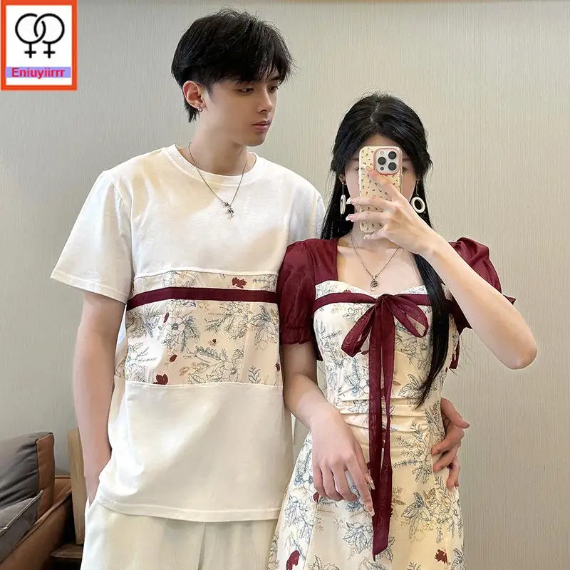 Matching Couple Clothes 2024 Holiday Honeymoon Summer Outfit Date Girls Female Male Lovers Retro Couple Long Bow Tie Shirt Dress