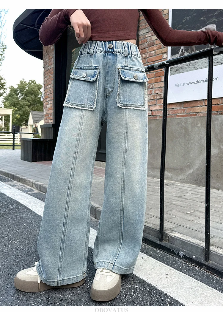 Kinderjeans mit gerader Passform und Fronttasche für Mädchen, Frühling, Baumwolle, Vintage, lässige, lockere Denim-Hose, einfarbige Jeanshose für Kinder – Detail 5