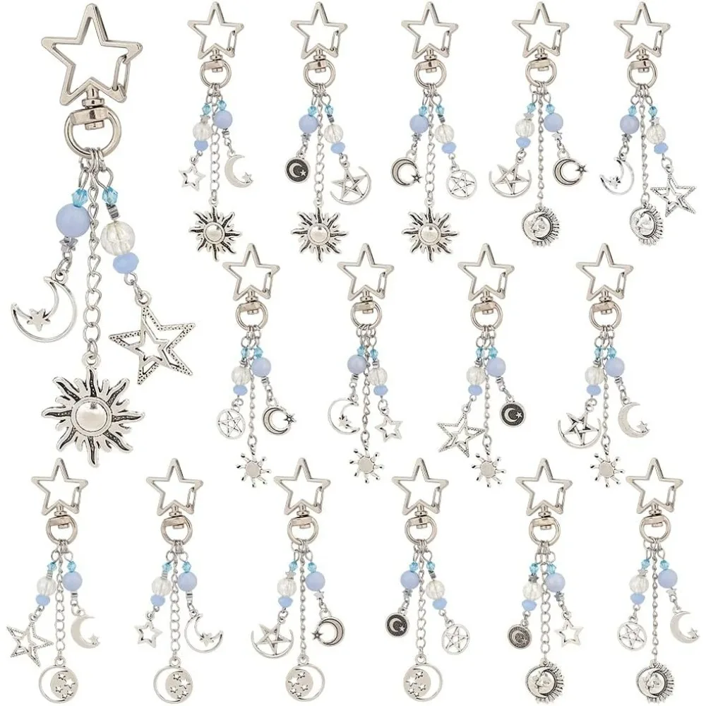 16pcs Sun Star Moon Keychain Metal Star Keyring Tassel Charm Pendants Key Chain with Clasps for Wallet Purse Supplies making kit