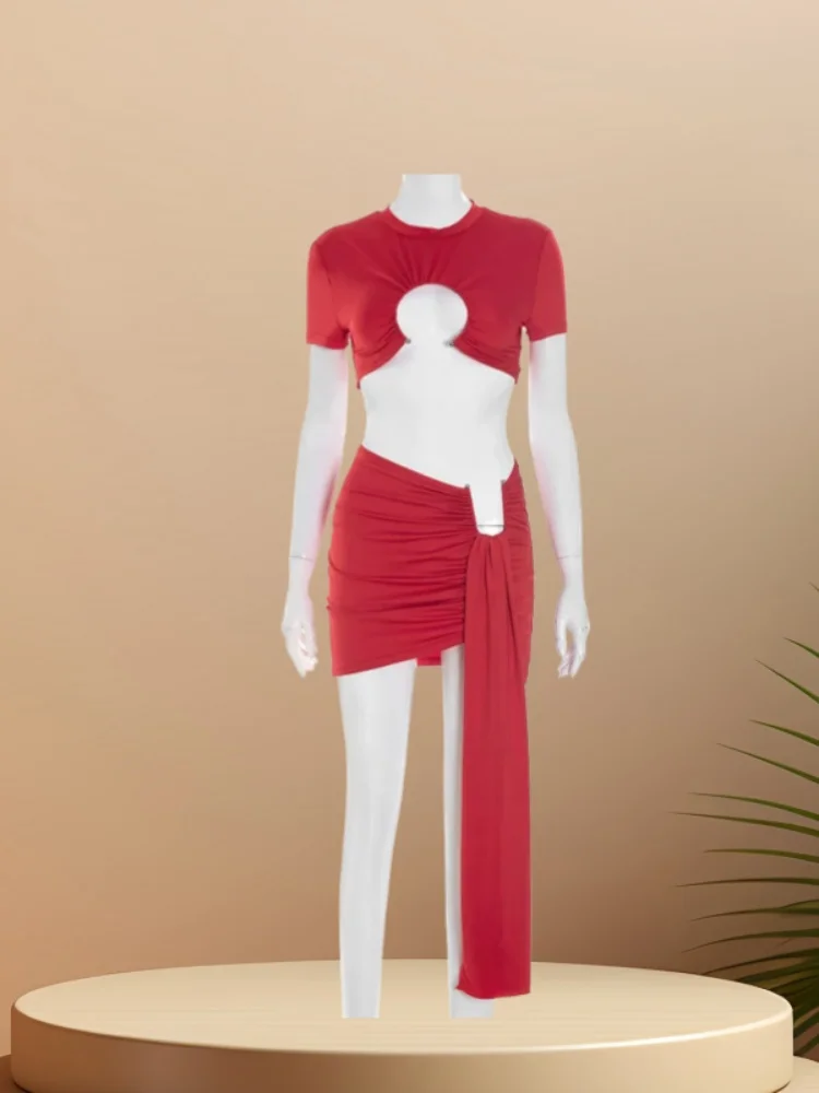 

Sister Star Suit Metal Decorative Hollow Round Neck Short Sleeve Blouse Flutter Belt Pleated Skirt Nightclub Party Two-piece Set