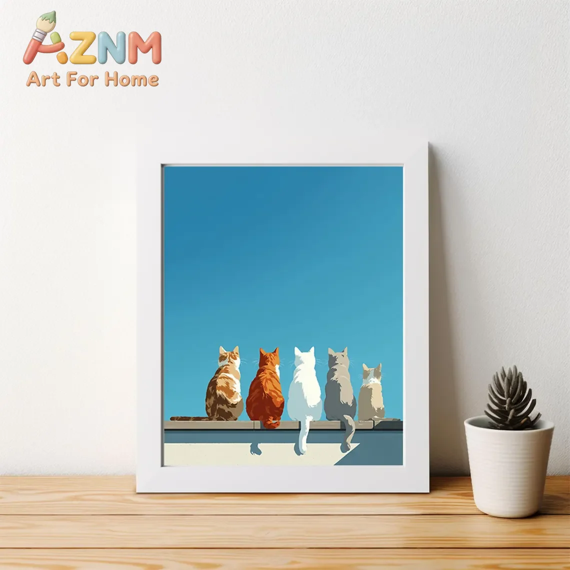 Minimalist Cats on Wall Art Print - Modern Cat Lovers Poster, Five Cats Watching the Sky Illustration, Serene Pet Wall Decor f