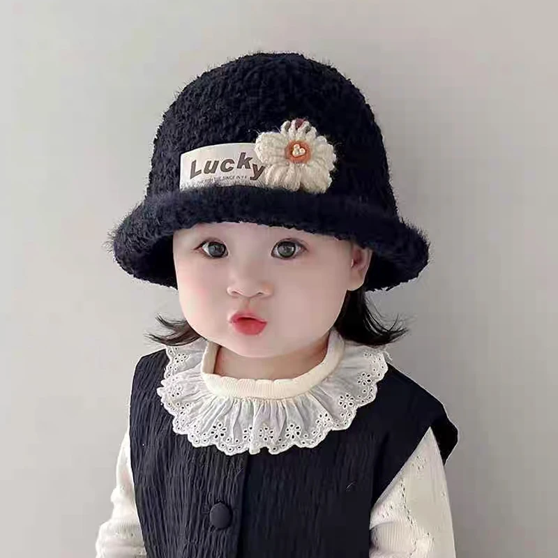 Autumn Winter Baby Fisherman Hats Lovely Flower Pattern Kids Boys Girls Children Caps Artificial Lambwool Soft Warm Bucket Hat