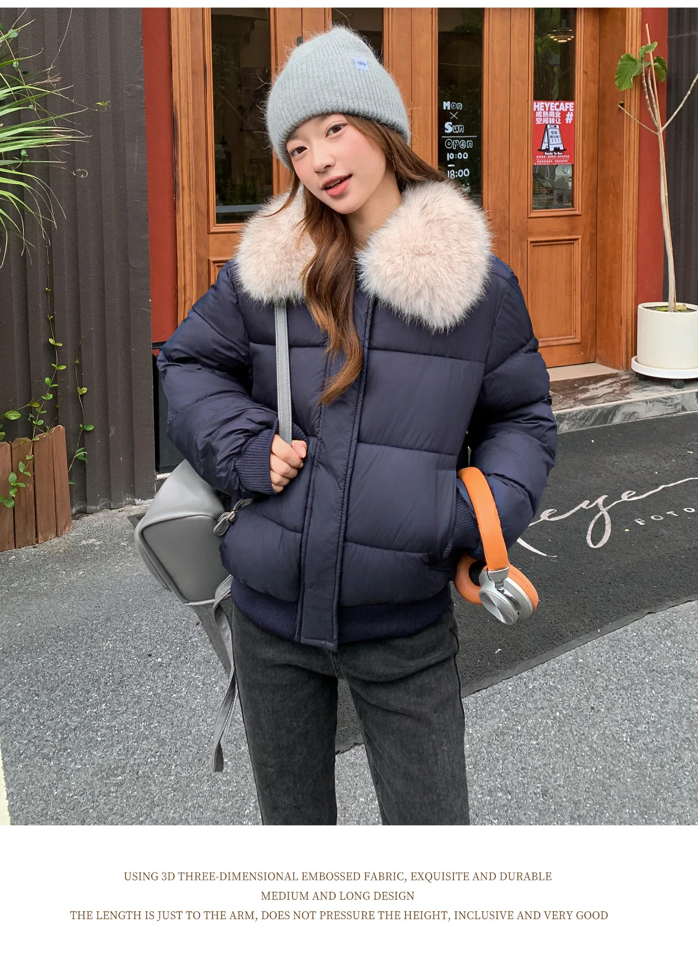 Korean Version Fashion Gray Long-sleeved Short Down Cotton Clothes Women's Winter New Removable Fur Collar Splicing Warm Jacket