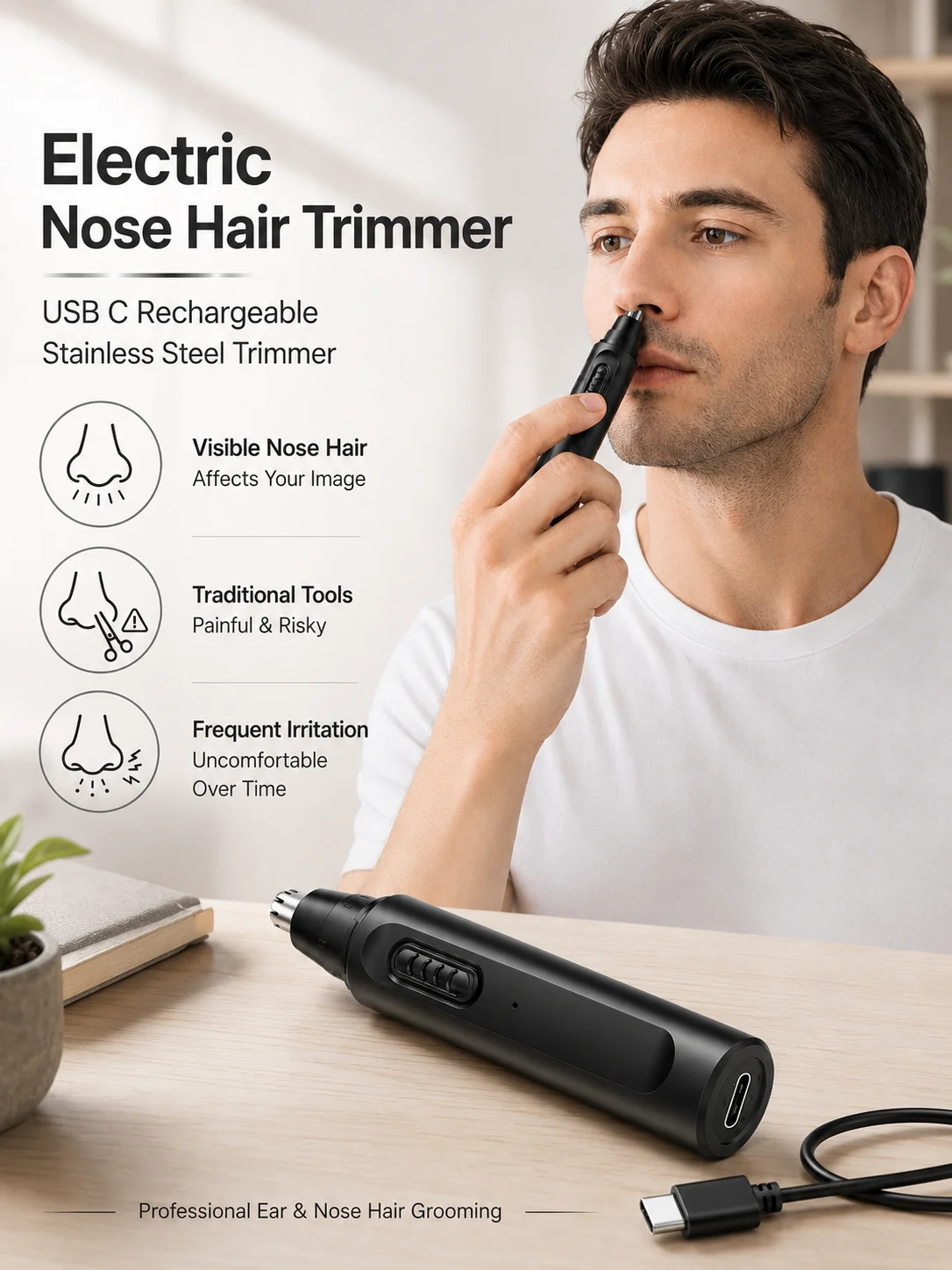 Aparador de pelos elétrico para nariz e orelha, recarregável por USB C, profissional, em aço inoxidável, para homens e mulheres