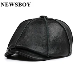 NEWSBOY CAP Real Leather Men Real Cowskin Leather Octagonal Hat Autumn Winter HIgh Quality Hats for Men Accessories