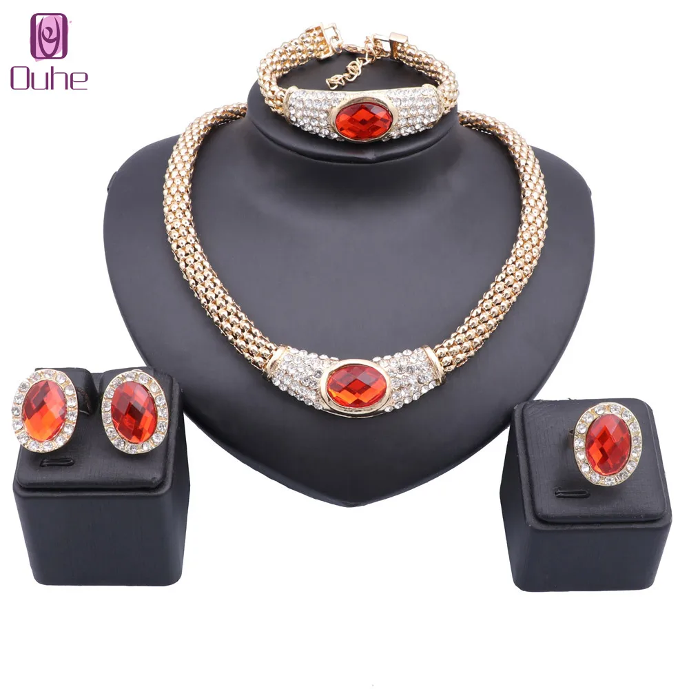 Women Gold Color Chain Choker Crystal Necklace Earring Bracelet Ring Bridal Christmas Gift Costume Jewelry Set