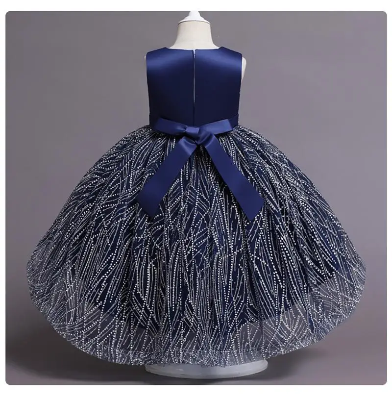 Girls Sleeveless Satin Pearl Sequins Tulle Princess Dress For Children Birthday Party Wedding Pageant Formal Ceremony Prom Gown