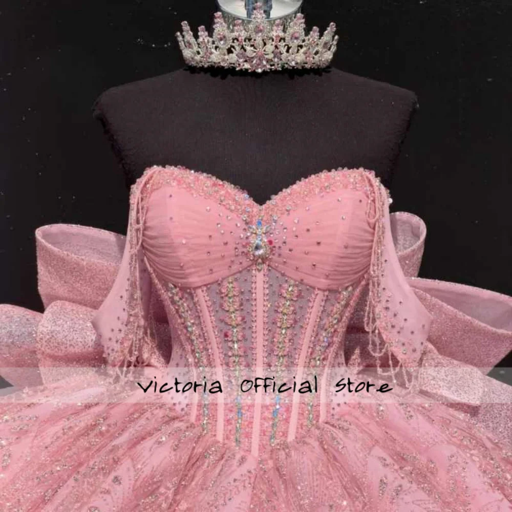 Pink Princess Quinceanera Dresses for Women Bow Sweetheart Glitter Mexican Tulle Vestido de 15 Quinceañeras Prom Gown Customized