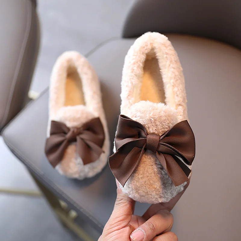 Girls Winter Shoes Cotton-padded Warm Cotton Fur Fluffy Children Flats Kids Loafers Slip-on Princess Sweet Anti-slippery Bowtie - view 3
