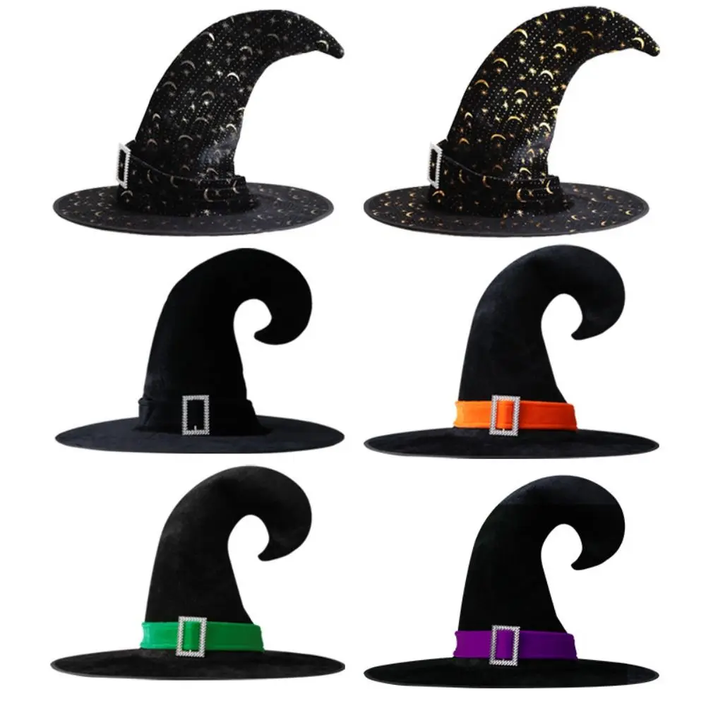 Simple Velvet Halloween Witch Wizard Hat Bending Angle Satin Ribbon Halloween Hat Costume Props Gilding Devil Cap Night Club