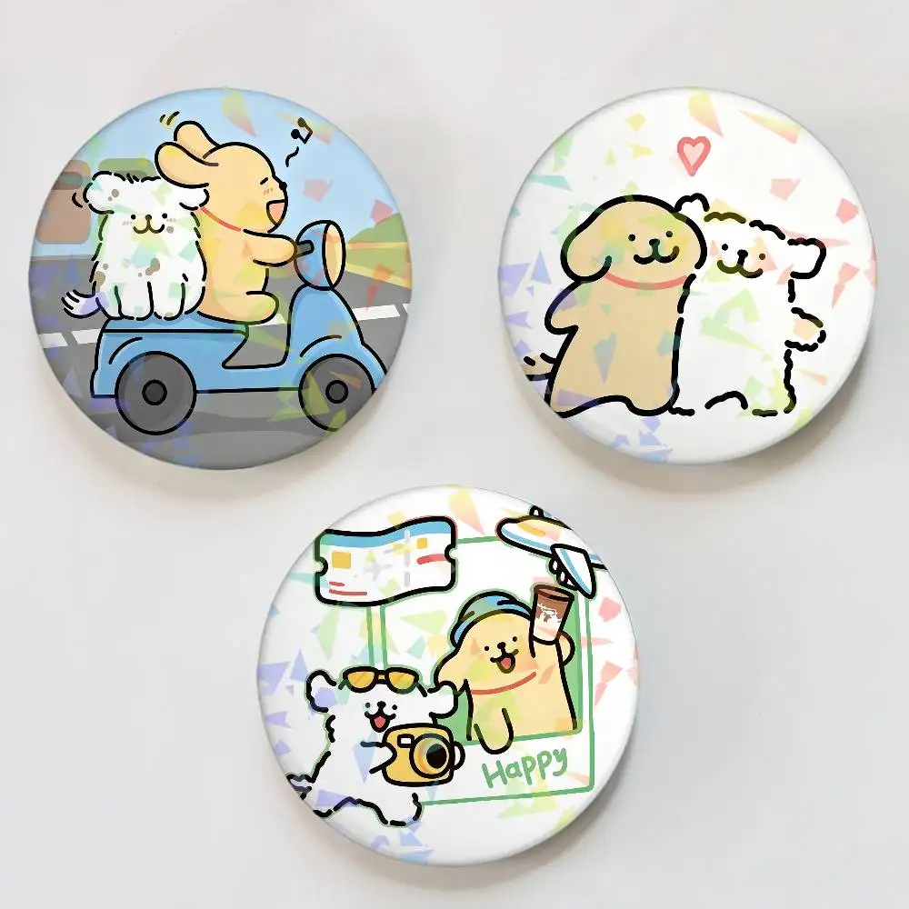 Cartoon Line Dog Maltese Kawaii Badges Round Laser Badge Brooch Backpack Accessories
