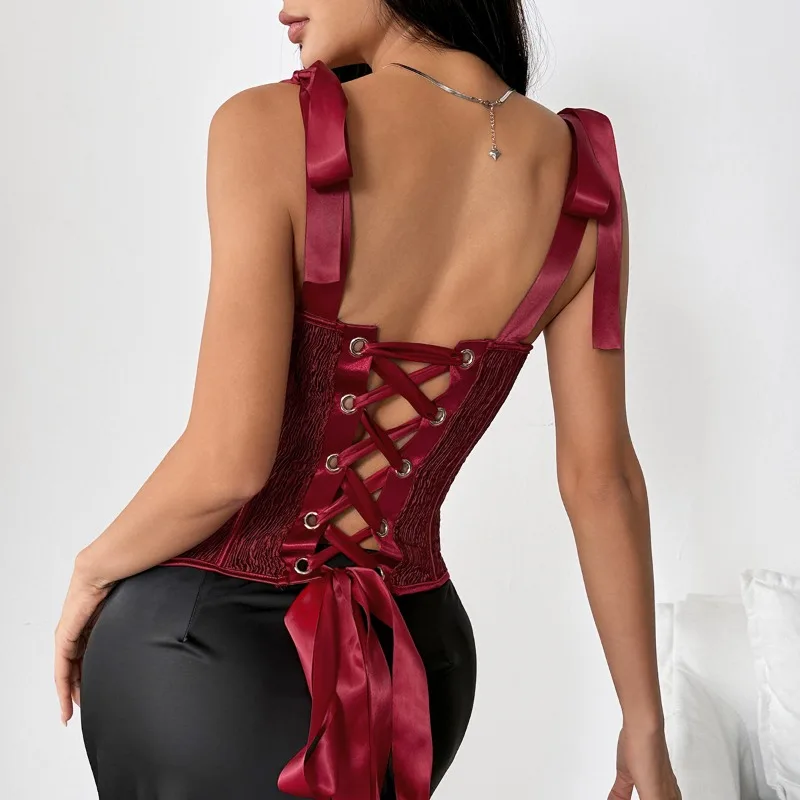 Hottie Red Sexy Fishbone Underwire Padded Bralette Valentine's Day Women Sexy Bow Tie Grommet Lace Adjustable Slim Croset Camis