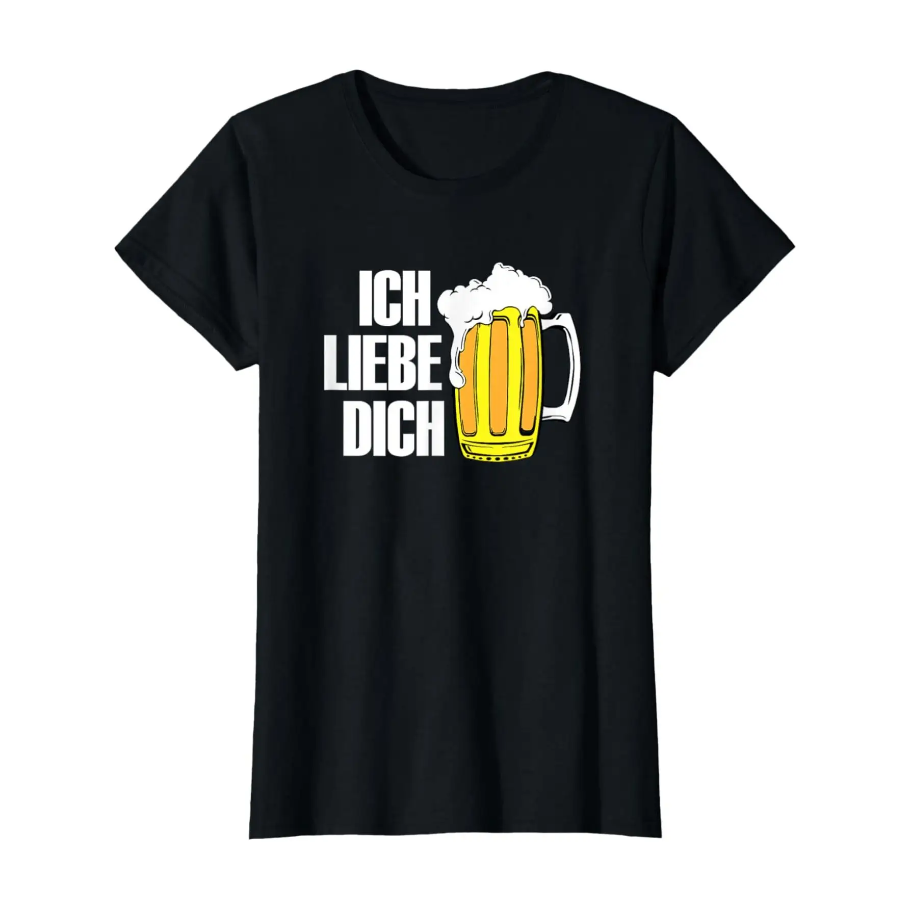 

Oktoberfest German Beer Lover T-Shirt - "Ich Liebe Dich" Tropical Print Casual Tee, Black With White Text & Yellow Beer Mug Desi