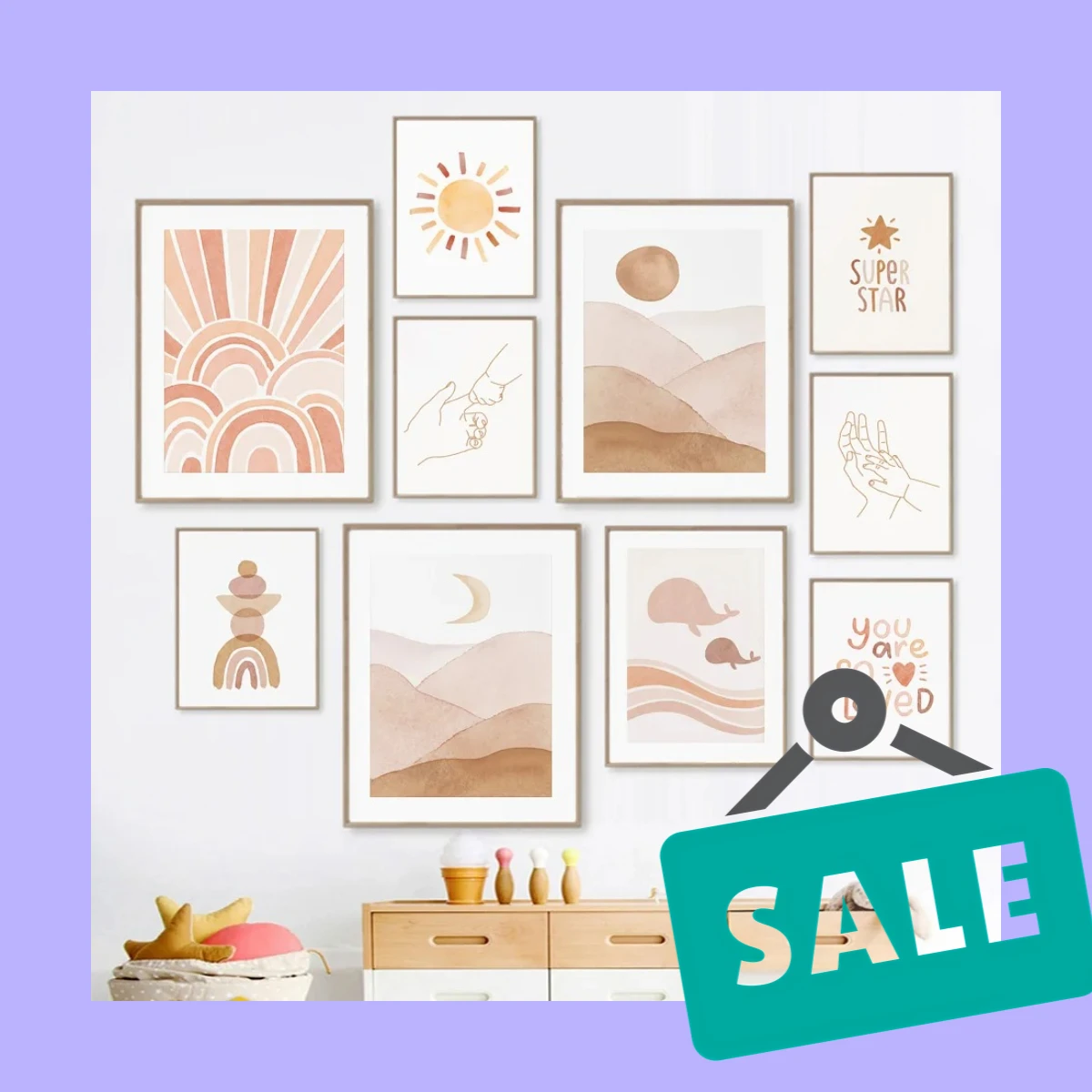 Boho Peaks & Whales – Mountain Rivers Sun Rainbow Geometry Frameless Canvas for Baby Kids Room Home Decoration 2026