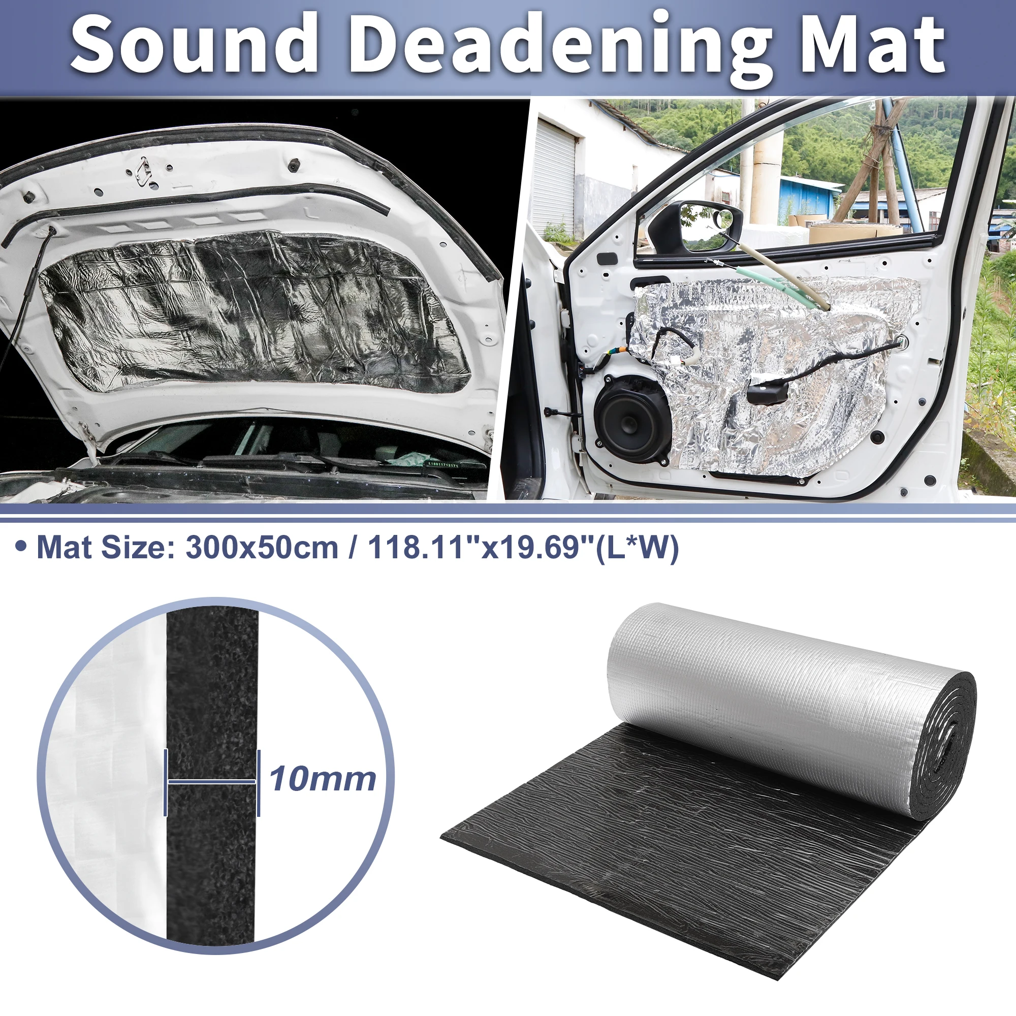 

UXCELL 10mm 300x50cm Car Sound Deadener Mat Aluminum Foil Heat Shield Material Self Adhesive for Boat Engine Cover Silver Tone