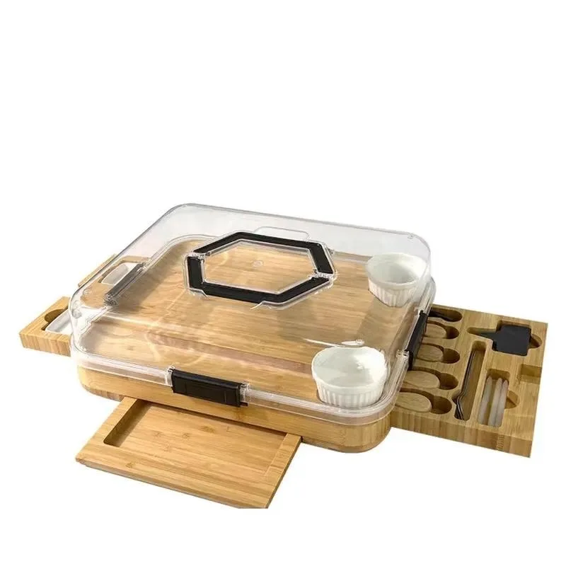 for Fruit Steak Pastry Tray with Transparent Cover Bamboo Deli Board Multi-Grid Double-Sided Portable Cheese Kitchen Cutting