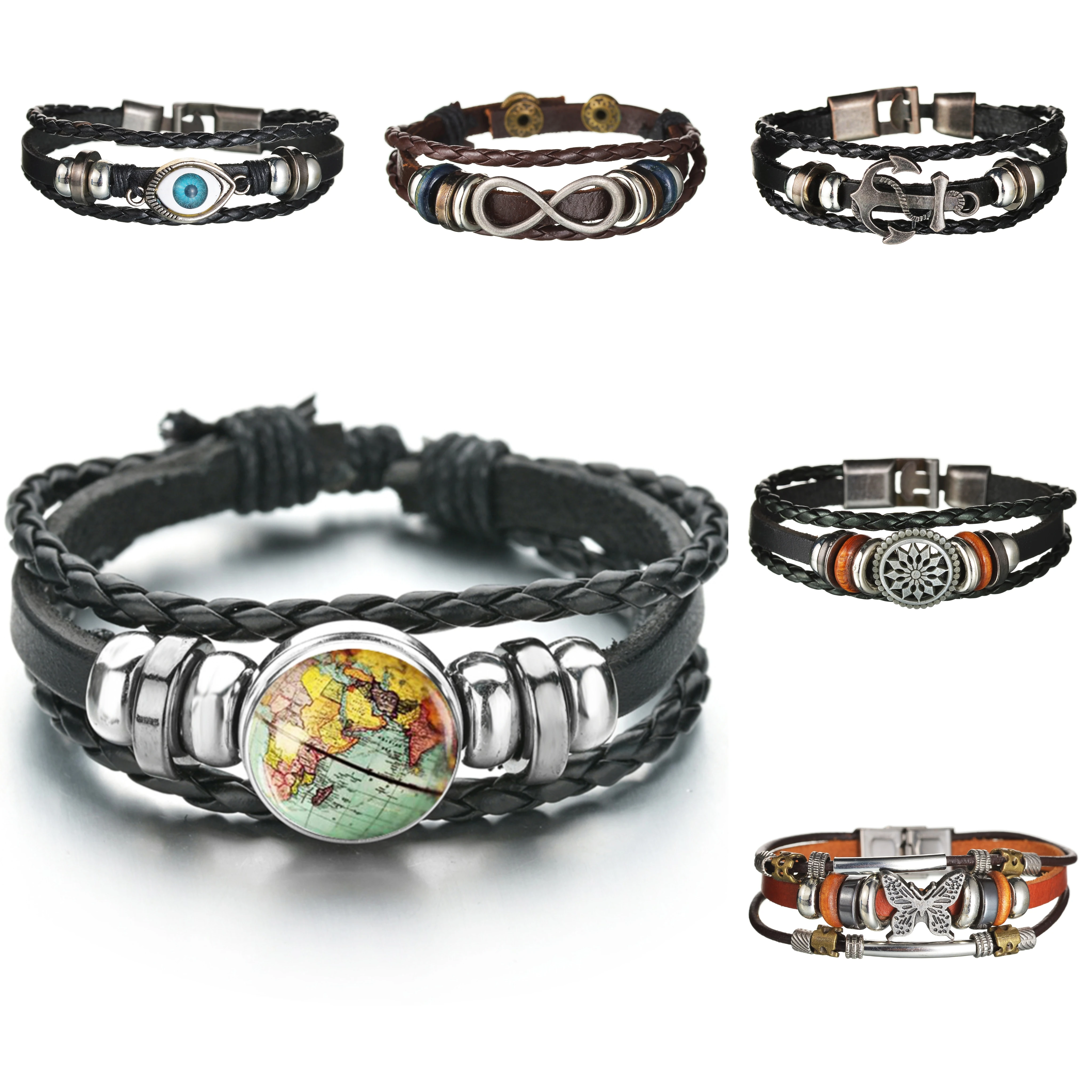New Globe  Charms Bracelet Retro Earth World Map Art Photo Glass Dome Black Leather Bracelet New York Map Handmade Jewelry