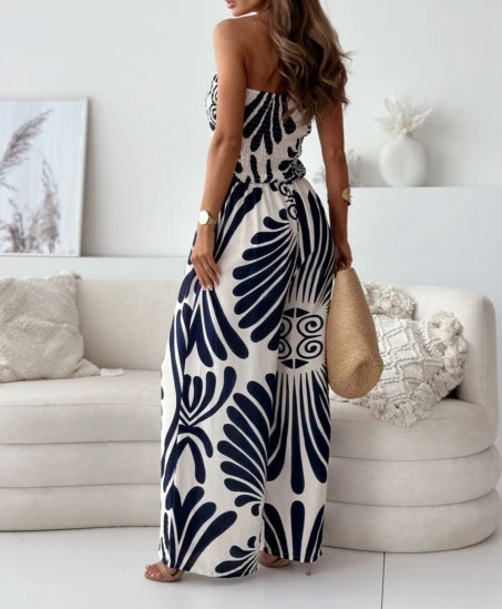 Elegant Women's Jumpsuit Sexy Leaf Print Elastic Strapless High Waisted Wide Leg Jumpsuit Summer Casual Vacation Style Jumpsuit