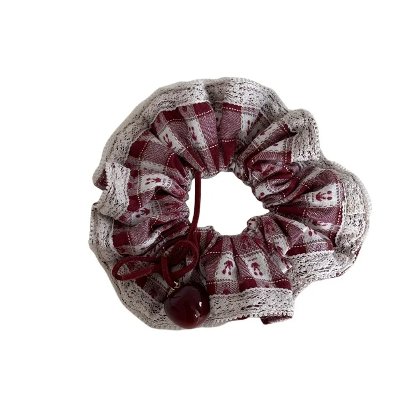 Red Plaid Cherry Windmill Hair Ring Large Intestine Hair Ring Spring New Cherry Square Ring Hair Accessories Head Rope Headdress