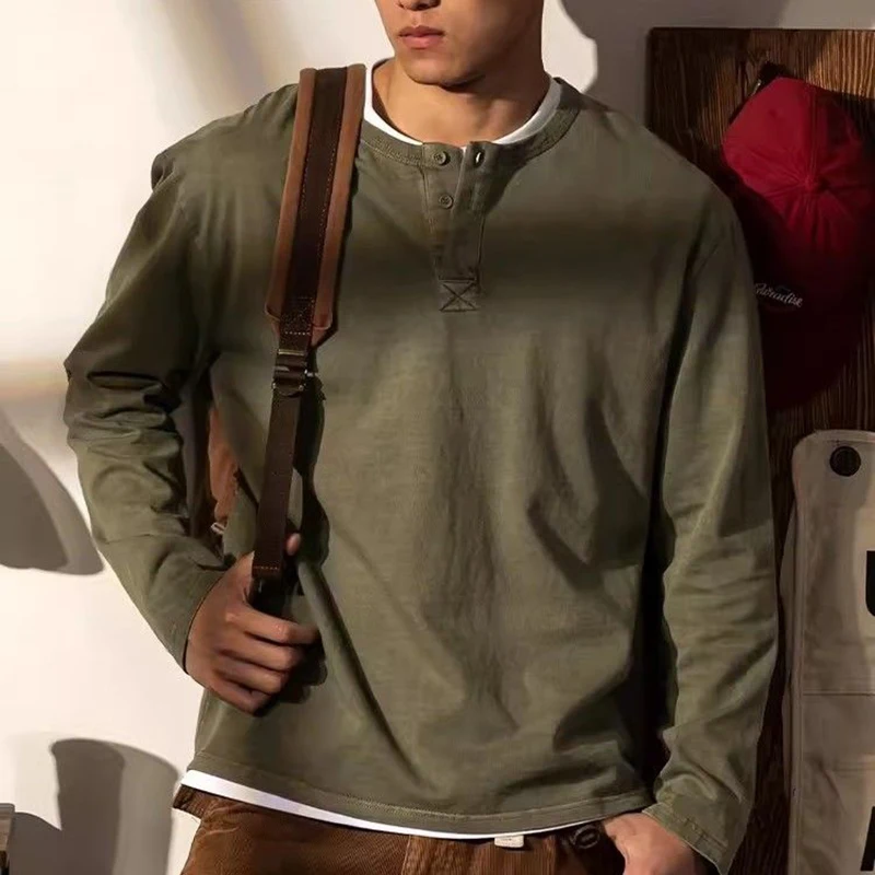 Men's Henley Shirt Long Sleeve T-Shirt Spring Autumn Plus Size American Retro Loose Casual Sport Undershirt Streetwear Tops Tees