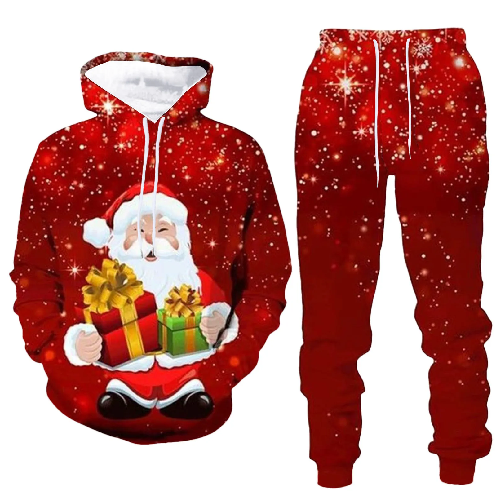 Christmas Men Hoodies Suit Cartoon Santa Claus Print Patchwork Hooded Sweatshirts+Jogger Running Baggy Harem Pant Sets Plus Size