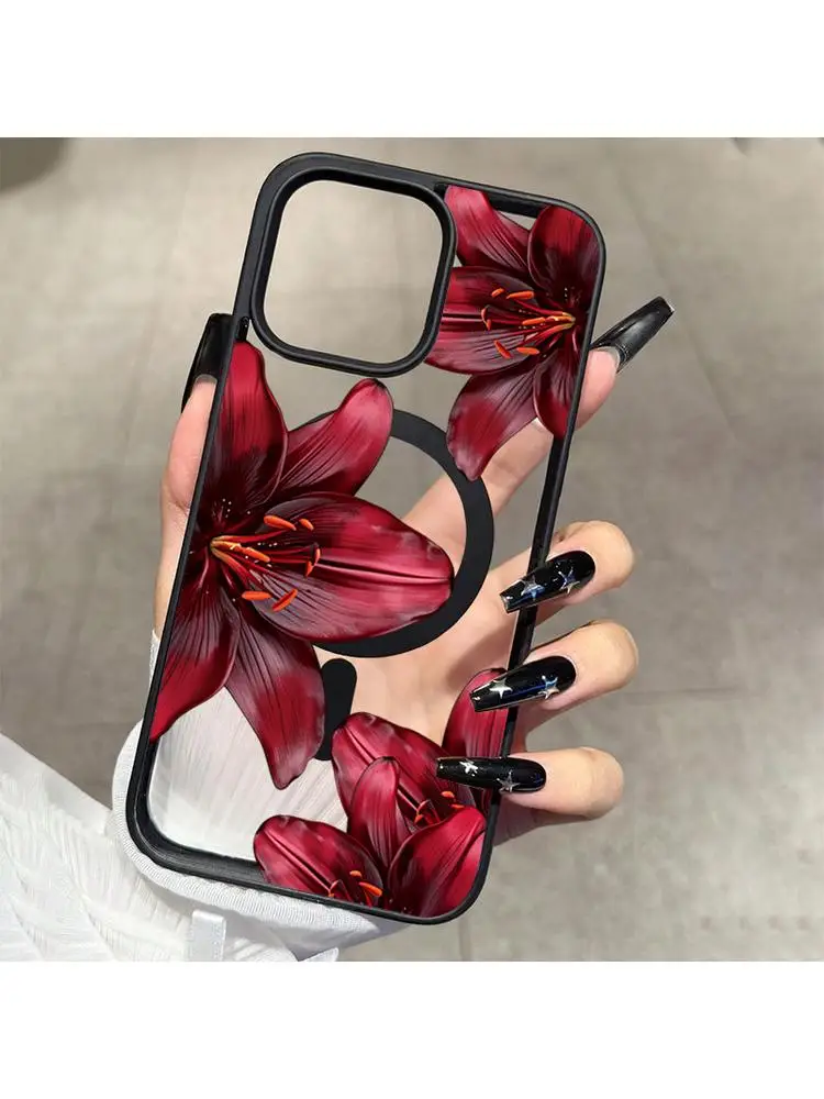Burgundowe etui magnetyczne z motywem lilii do iPhone'a 11 12 13 14 Pro 15 16 17 Pro Max 16 Plus Air 17E 16E, odporne na wstrząsy. — 2