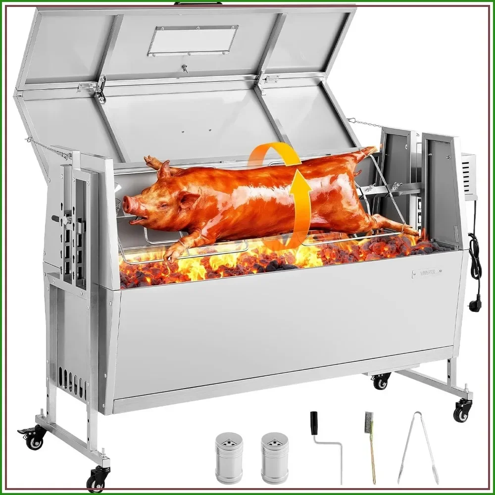 46in Rotisserie Grill, 132LBS BBQ Spit Roaster, Stainless Steel, Wheels, 4-Level Height, Outdoor Camping