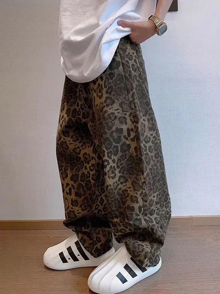 Tan Leopard Jeans Men Denim Pants Male Oversize Wide Leg Trousers Streetwear Hip Hop Vintage Clothes Loose Casual