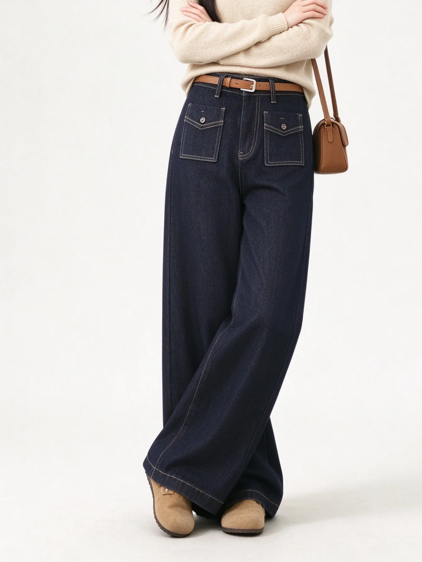 High Waist Fleece Lined Wide Leg Denim Pants Draping Skin Friendly Slimming Long Trousers Korean Style Winter High End Feel