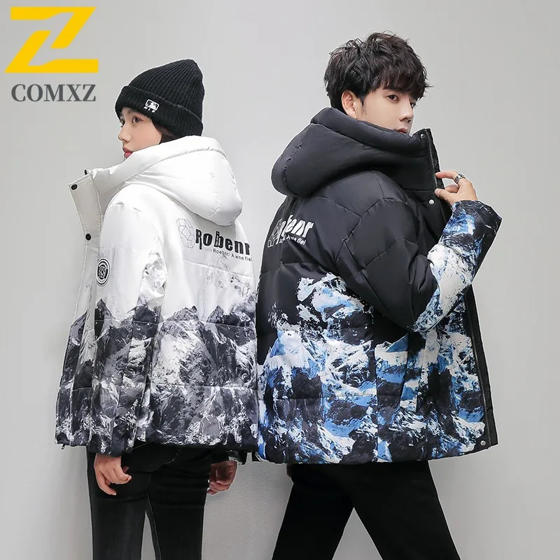 COMXZ Men Puffer Jacket Gradient Korean Style Ski Warm Windproof Travel Cotton Padded Jacket High Quality Snow Padded Jackets