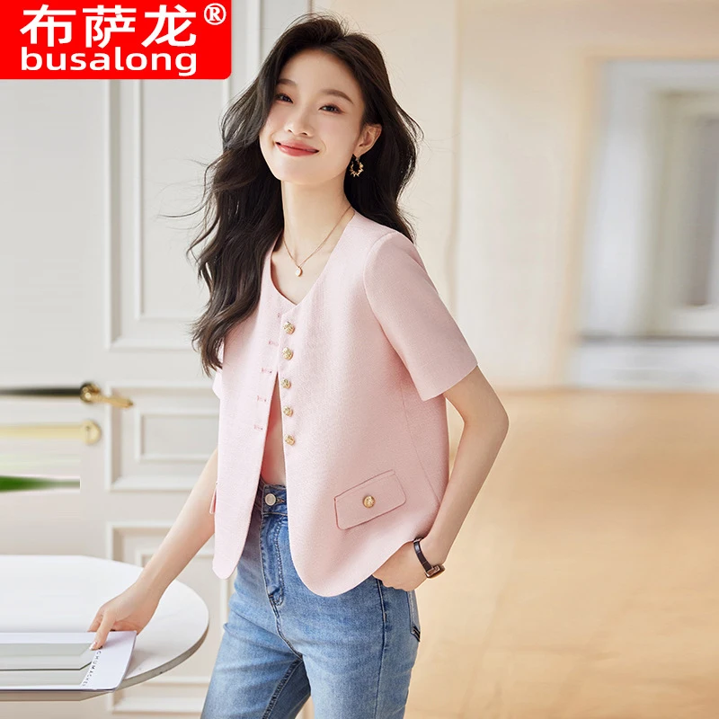 2025Spring and summer business casual short-sleeved blazer for women, workwear, slim-fit and flattering 3918