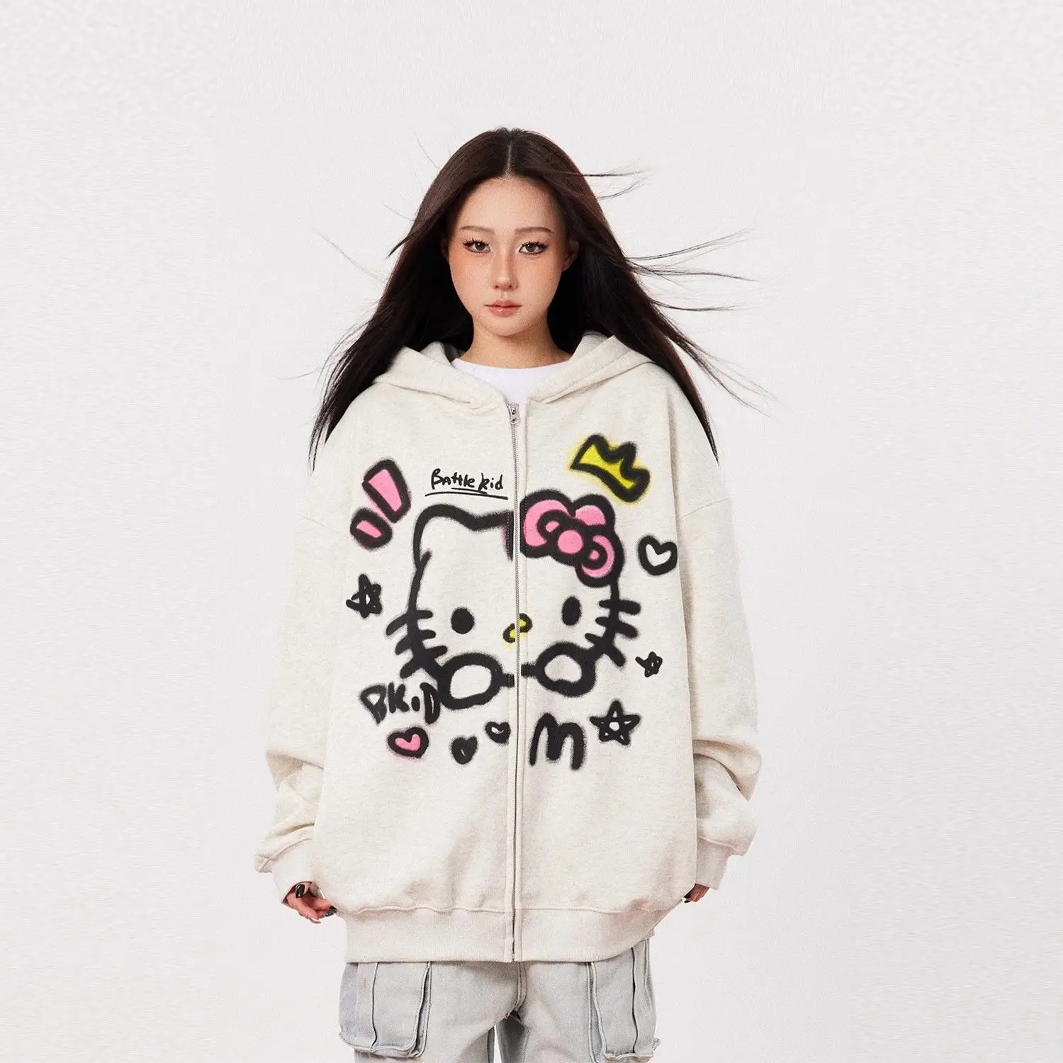 

Sanrio Hello Kitty Pure Cotton American Style Hooded Sweatshirt Women's Autumn New Loose Top Cute Design Versatile Trendy Hoodie