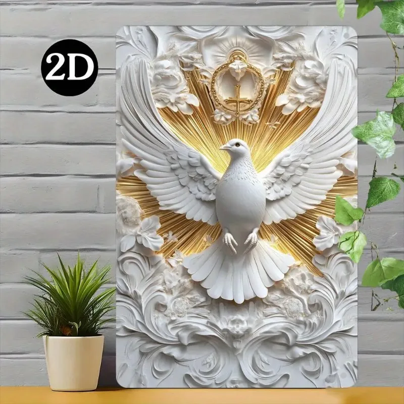 Vintage Religious Dove Aluminum Metal Wall Art, Large White & Ornate Sculpture Relief, Dove Sign, Pre-Drilled Holes, 2D Flat